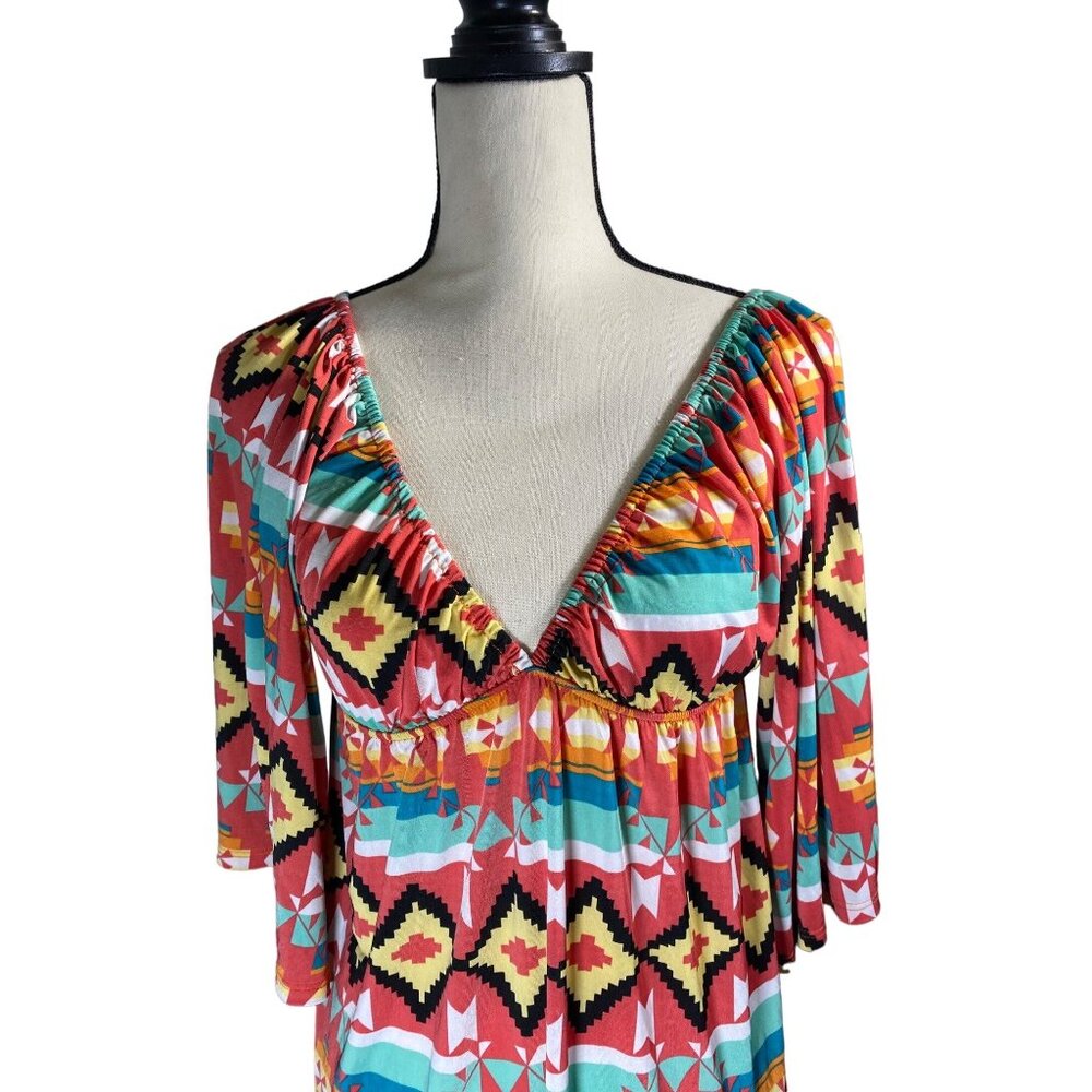 Boho‎ Chic V-Neck Tribal Print Mini Dress With 3/4 Sleeves & Empire Waist - Picture 10 of 12